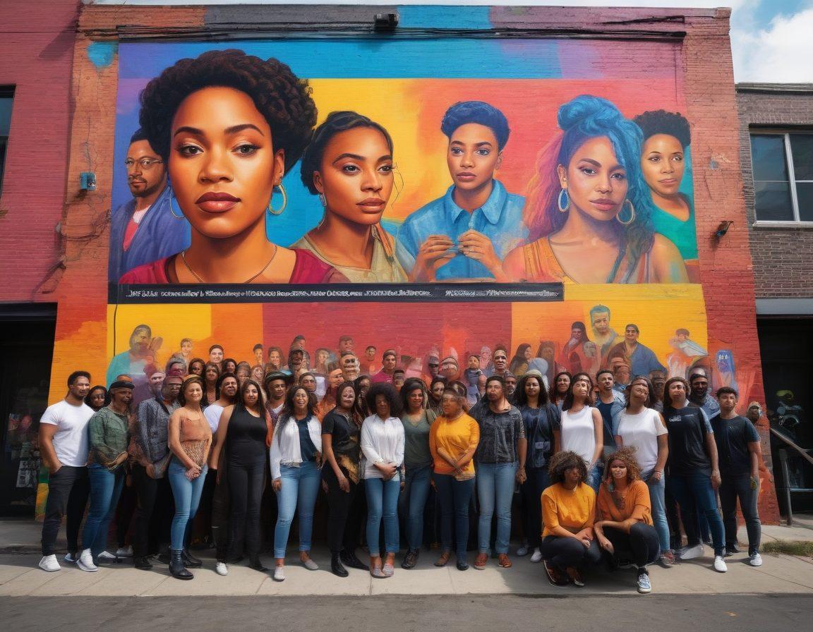 A diverse group of independent filmmakers engaged in a passionate discussion, showcasing LGBTQ+ representation. They are surrounded by vibrant film set elements like cameras, lights, and storyboards. The background features a colorful mural symbolizing unity and empowerment, with icons of insurance and filmmaking blended in. Bright and bold colors emphasize creativity and inclusivity. super-realistic. vibrant colors. 3D.