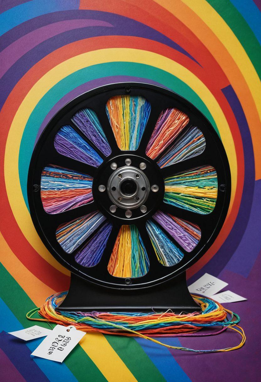 A vibrant film reel intertwining with colorful rainbow threads, symbolizing creativity and inclusivity in queer cinema. In the background, subtle imagery of shields and safety symbols representing risk management strategies. The atmosphere should be dynamic and empowering, showcasing diverse filmmakers and actors collaborating. Use bold, bright colors to evoke a sense of inspiration and protection. super-realistic. vibrant colors. 